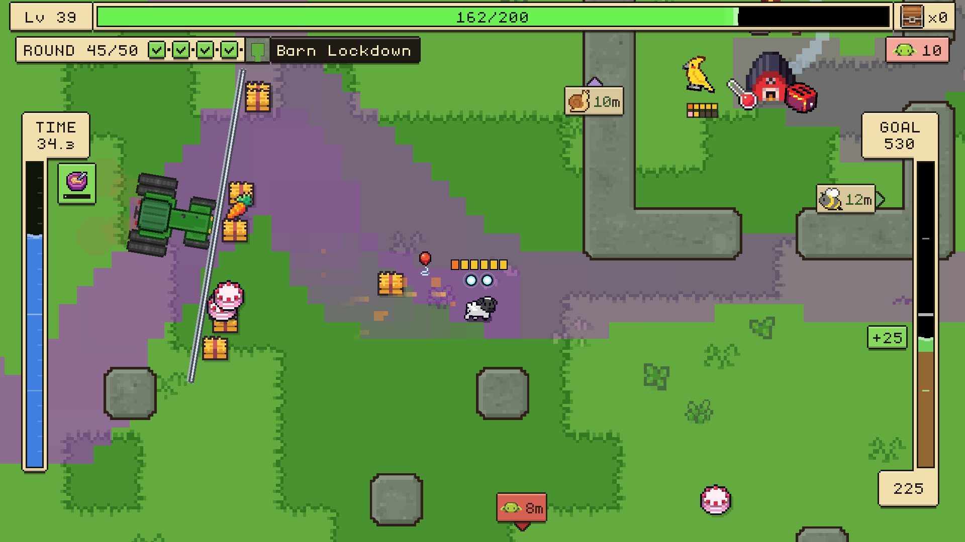 Summer sheep carrying food along a purple trail, with a tractor and goblin nearby.